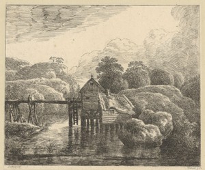 Landschap met huis op palen bij een rivier