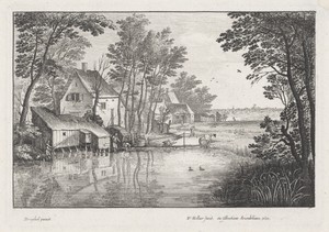 Landschap met huizen aan een sloot