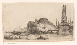 Landschap met huizen bij een obelisk