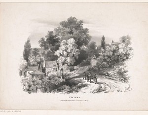 Landschap met huizen, drie figuren en een ezel
