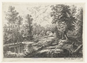 Landschap met huizen en een kerk omring door een muur