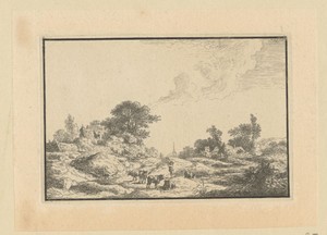 Landschap met huizen en herder met runderen