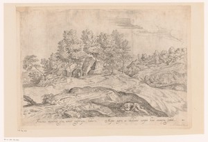 Landschap met huizen en op de voorgrond een slapende man