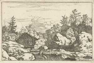 Landschap met hut bij waterval
