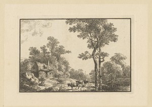 Landschap met hut en herder met runderen