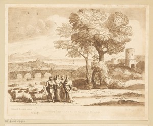 Landschap met Jacob, Laban, Lea en Rachel bij een kudde schapen