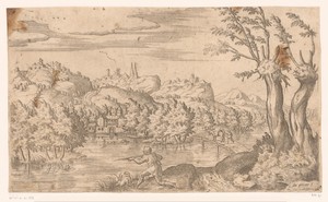 Landschap met jager aan een ven