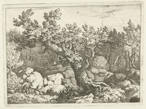 Landschap met jager bij grote boom