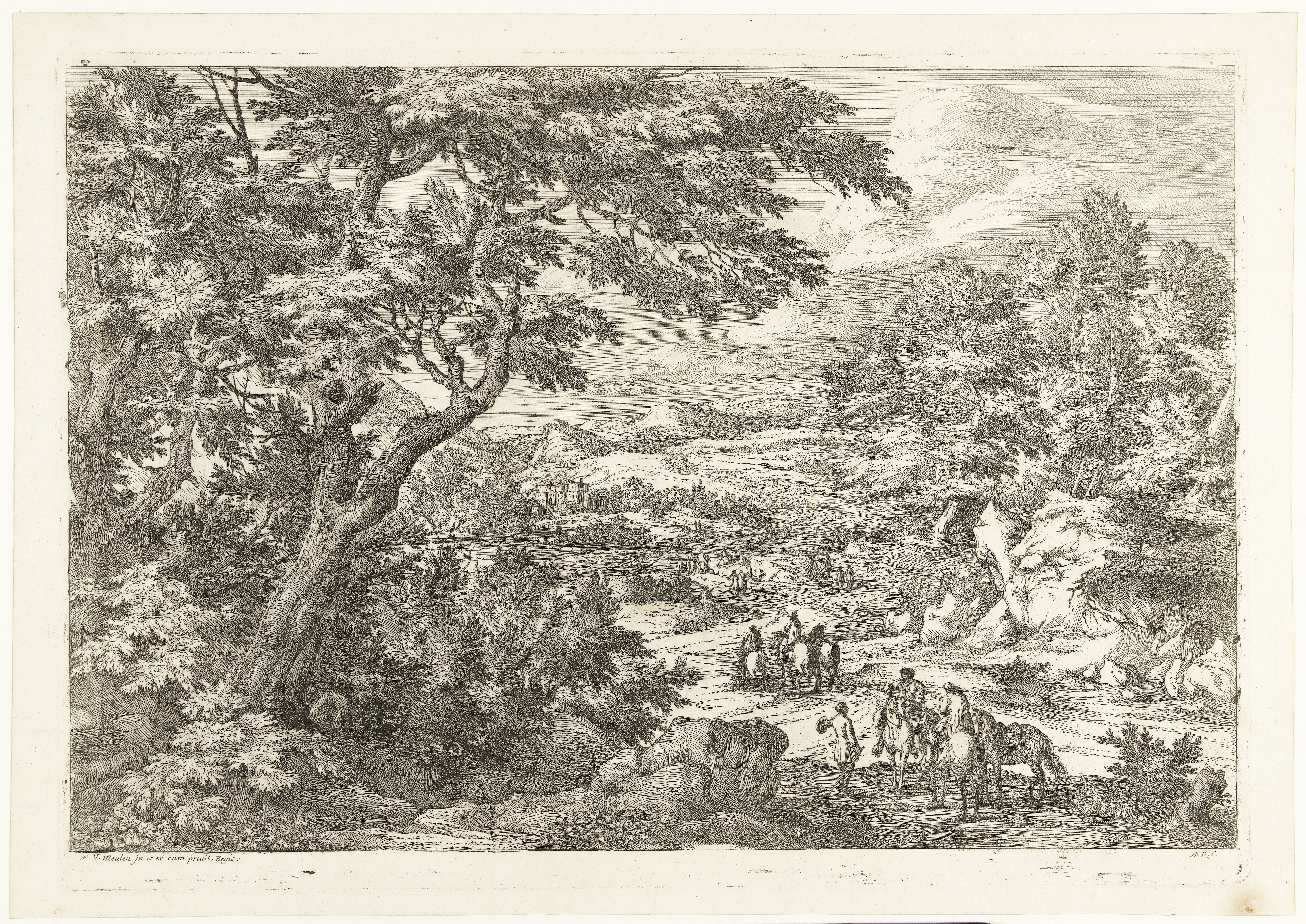 Landschap met jagers op weg naar huis, in de verte een kasteel by Adriaen Frans Boudewyns