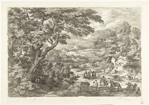 Landschap met jagers op weg naar huis, in de verte een kasteel