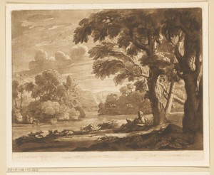 Landschap met Johannes de Doper liggend onder een boom aan een rivieroever