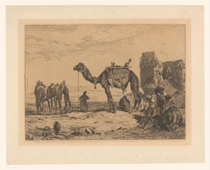 Landschap met kamelen bij ruïne