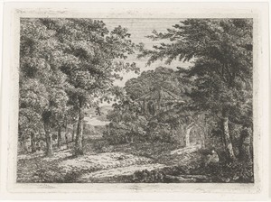 Landschap met kapel tussen bomen en lezende monnik