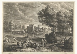 Landschap met kasteel en gezelschap