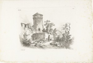 Landschap met kasteel en herder met vee
