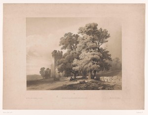 Landschap met kasteel en reiziger onder iepen