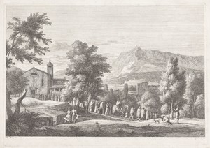 Landschap met kerk en processie