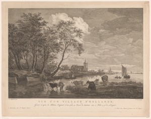 Landschap met kerk en wadende koeien