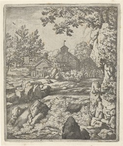 Landschap met kerk en waterval