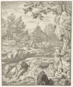 Landschap met kerk en waterval