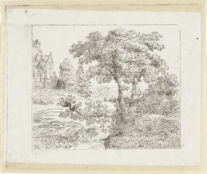 Landschap met kerk op een heuvel