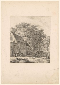 Landschap met kerkgebouw en pad met reizigers