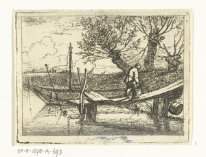 Landschap met kleine aanlegsteiger waarop lopende man met emmer