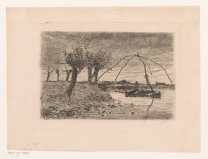 Landschap met knotwilgen, in het water een roeiboot met een totebel