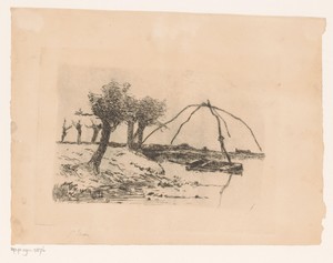 Landschap met knotwilgen, in het water een roeiboot met een totebel