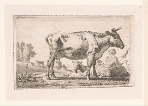 Landschap met koe en geit bij een spinster