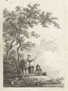 Landschap met koe, herderin en herdersjongen met hond