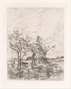 Landschap met koeien en een boerderij