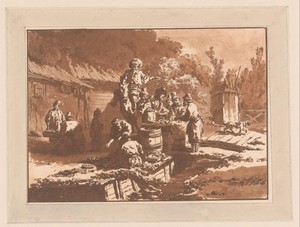 Landschap met koopmannen en mannen rond een tafel van tonnen