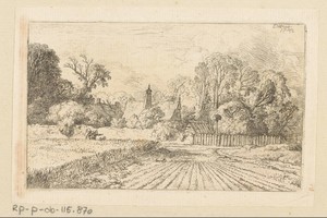 Landschap met korenveld en boerderij in de verte