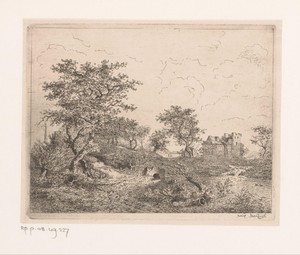 Landschap met lage brug over een stroom en een vervallen landhuis op de achtergrond