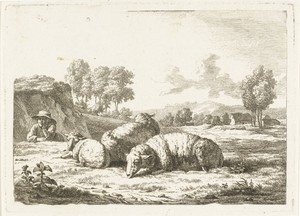 Landschap met liggende herder bij drie schapen