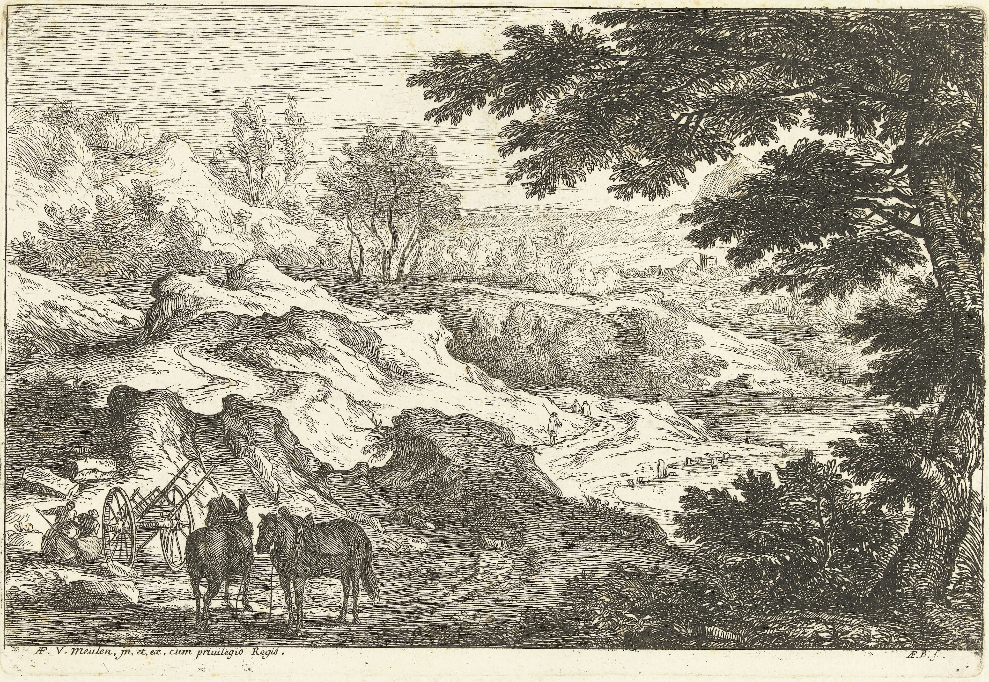 Landschap met links twee paarden by Adriaen Frans Boudewyns