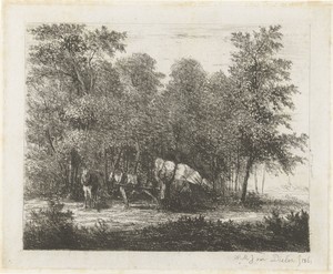 Landschap met man bij volgeladen kar en ingespannen paard