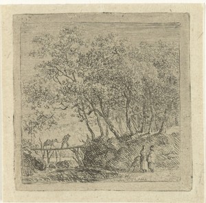 Landschap met man en ezel op een houten brug