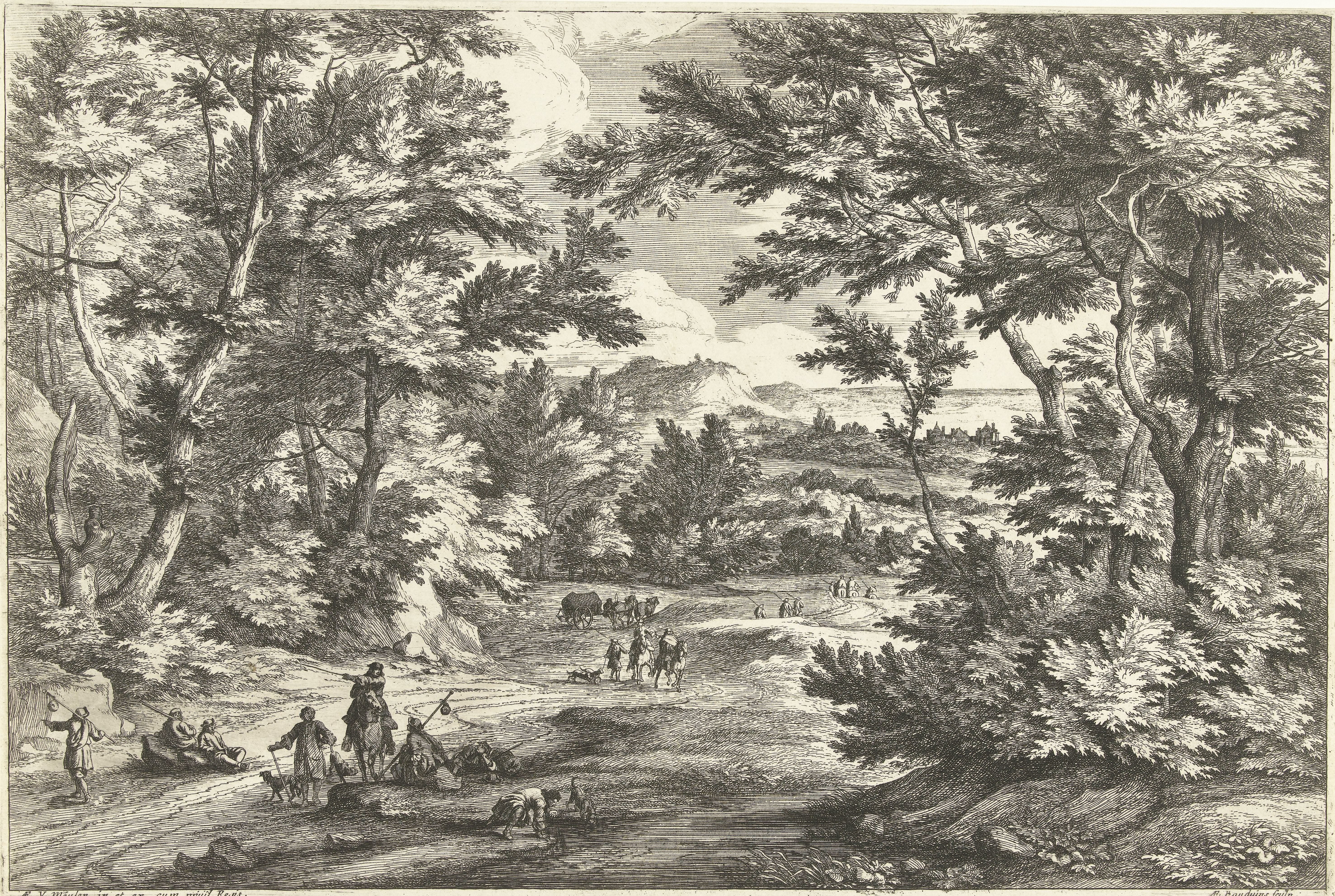 Landschap met man en hond drinkend uit een poel by Adriaen Frans Boudewyns