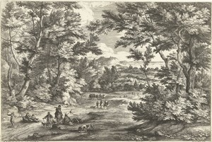 Landschap met man en hond drinkend uit een poel