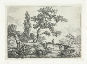Landschap met man en hond op brug