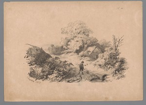 Landschap met man en hond op een landweg
