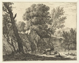 Landschap met man en twee ezels