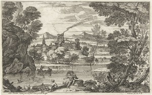 Landschap met man met wapperende mantel