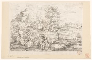 Landschap met man op drinkende ezel