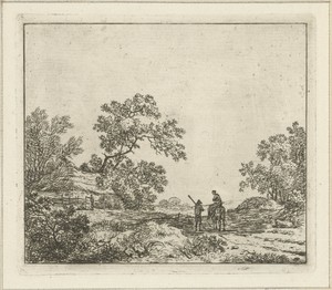 Landschap met man te voet en vrouw te paard