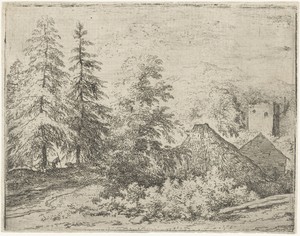 Landschap met man tussen twee sparren