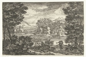 Landschap met man zittend onder boom
