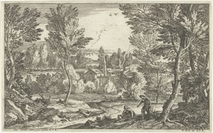 Landschap met man zittend op boomstronk